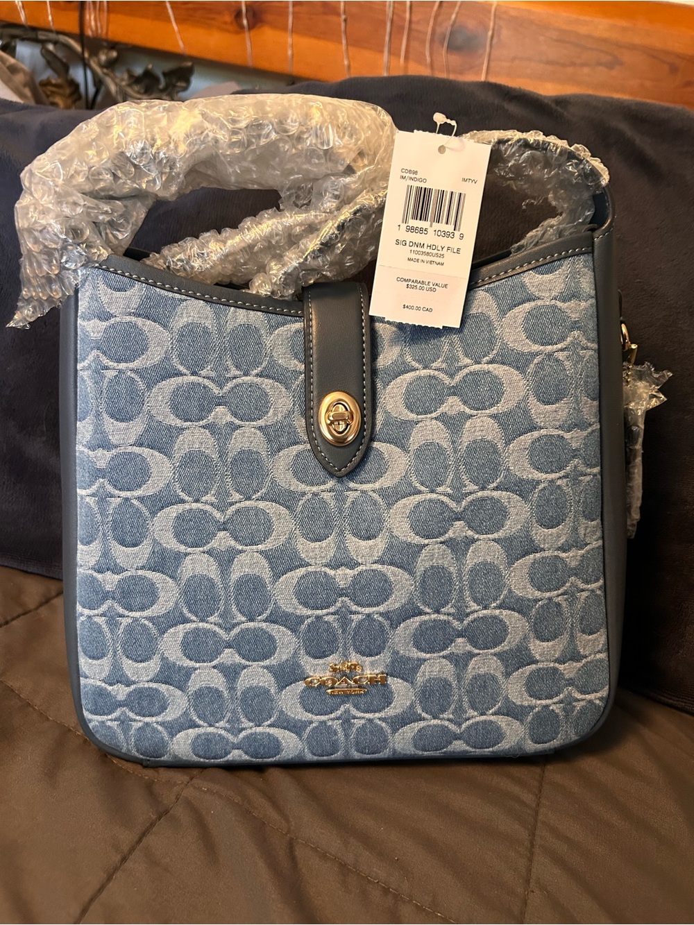 Coach Denim Signature Jacquard Shoulder Bag with Blue Trim